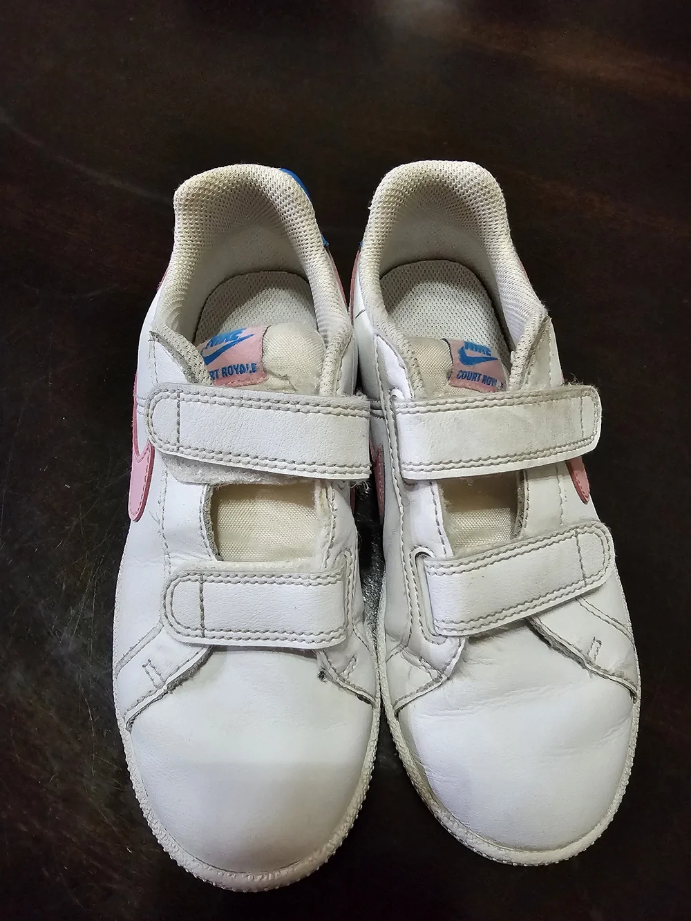 Nike Kids White Sneakers with Pink Swoosh and Velcro Straps